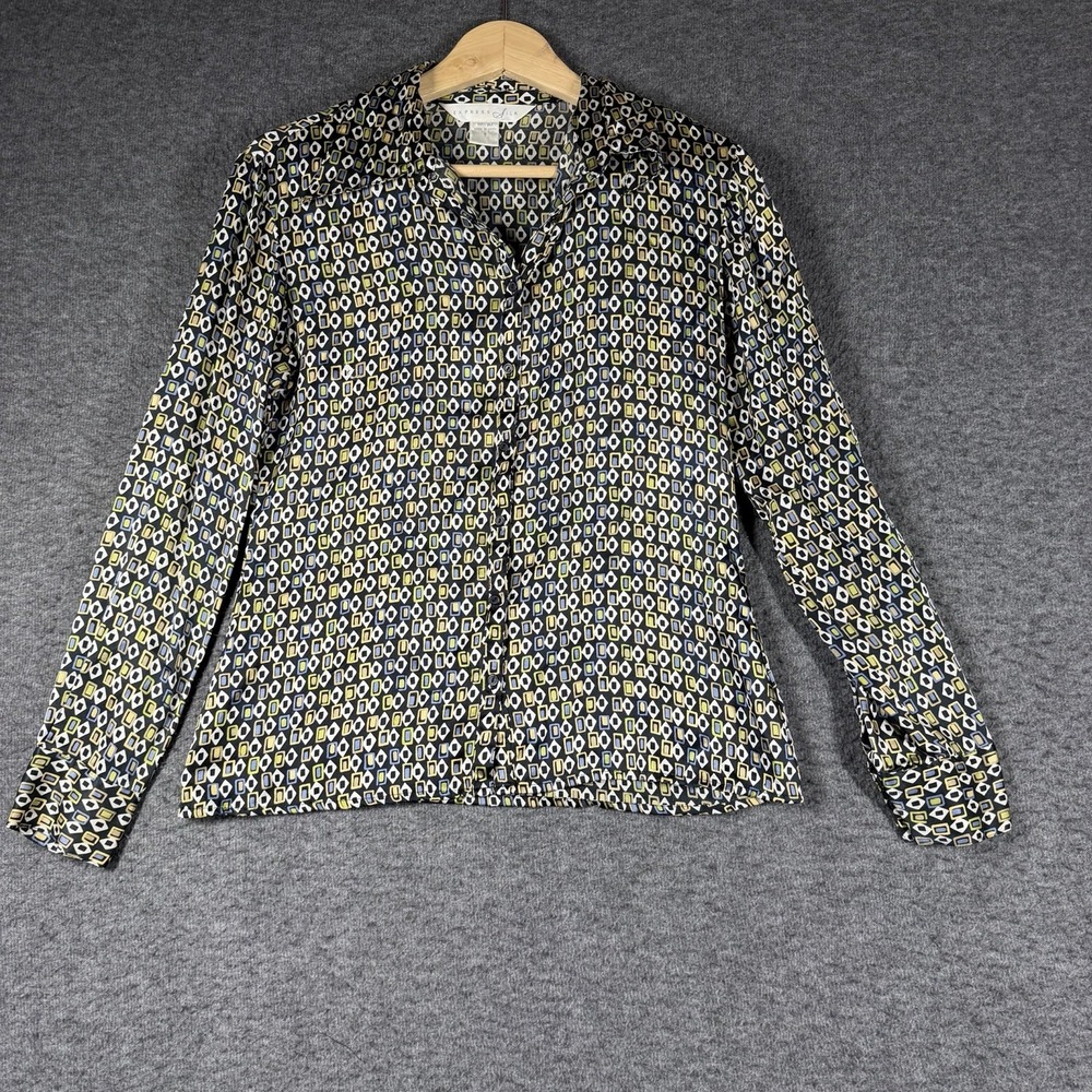 Vintage Express 100% Silk Blouse Shirt Womens Small S Long Sleeve Geometric